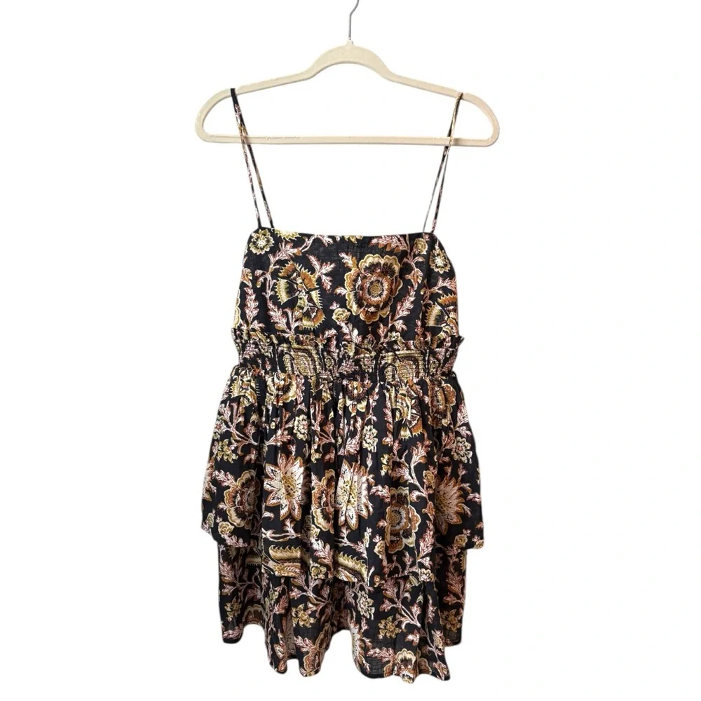 Celandine Anthropologie Dark Floral Straight-Neck Tiered Ruffle Mini Dress Large